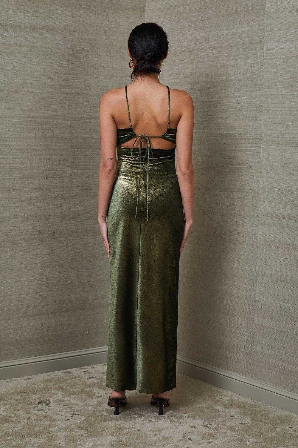 Bec & Bridge Dancing Queen Maxi Dress Metallic Green Size 10 for rent on The Volte - main image