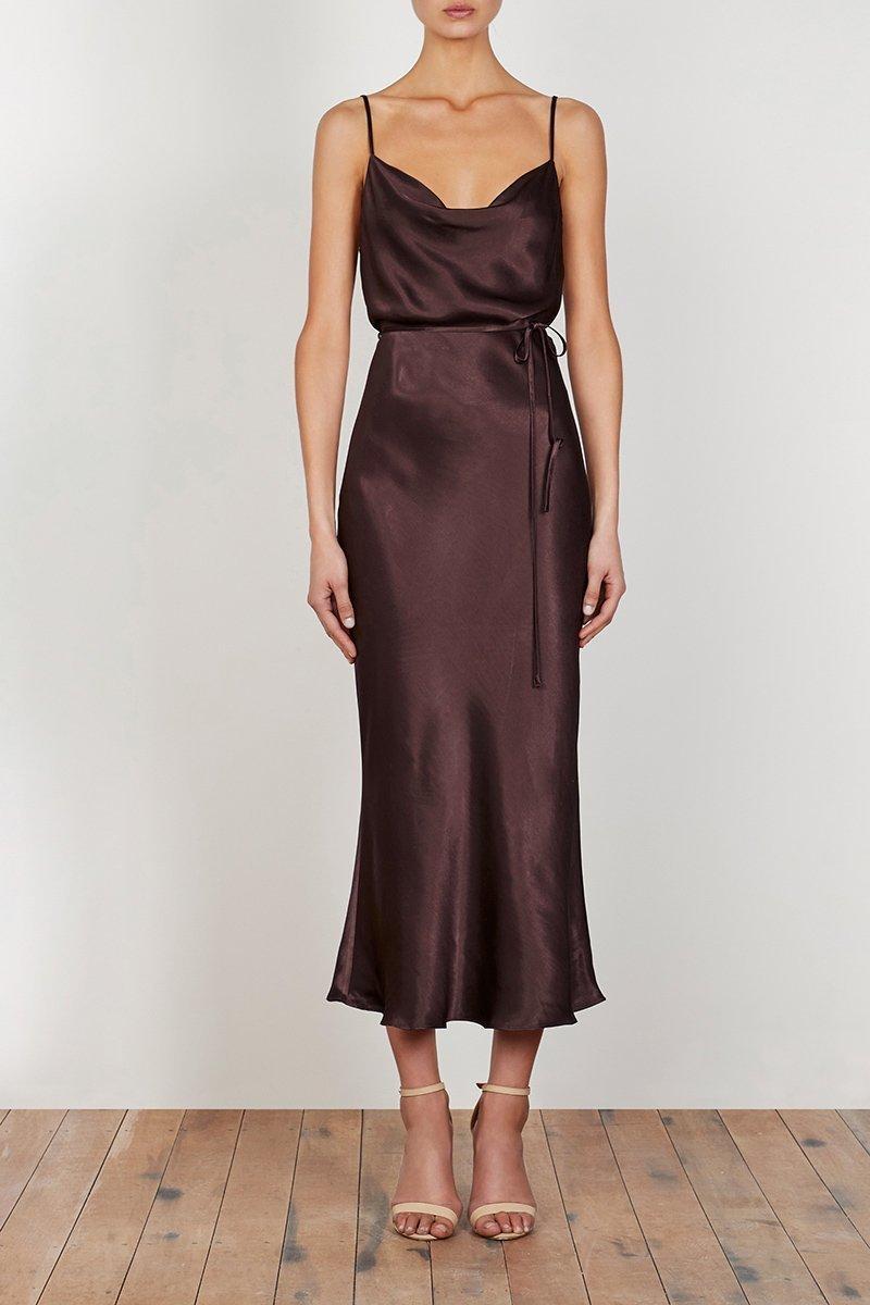 Shona Joy La Lune Bias Cowl Midi Dress Brown Size 6 for rent on The Volte - main image