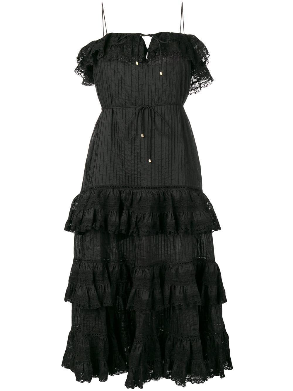 Zimmermann Juniper Black Ruffle Tie Midi Dress Black Size 6 for rent on The Volte - main image
