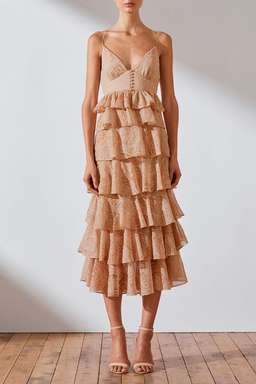 Shona Joy Monroe Tiered Midi Dress Nude Size 8