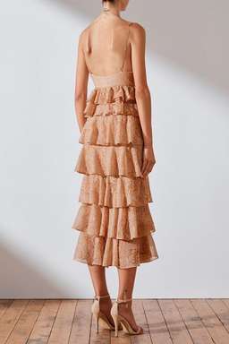 Shona Joy Monroe Tiered Midi Dress Nude Size 8