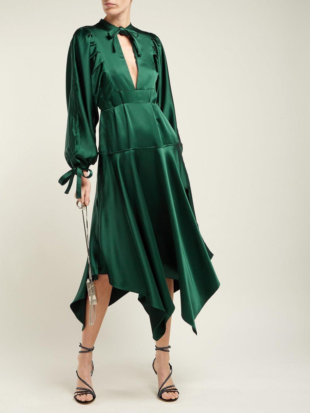 Self Portrait Handkerchief-hem Satin Dress Green Size 12 for rent on The Volte - main image