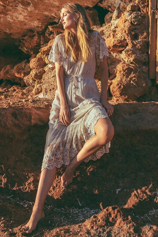 Spell Designs Maggie Embroidered Midi Dress Cream Size 10 for rent on The Volte - main image