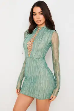 House of CB 'Dylan' Ivy Printed Mesh Lace Up Mini Dress Green Size 8 for rent on The Volte - image 2