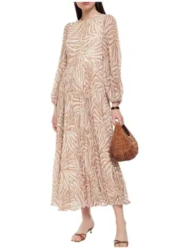 Zimmermann Sunray Long Sleeve Midi Dress Sand/Zebra Print Size 8