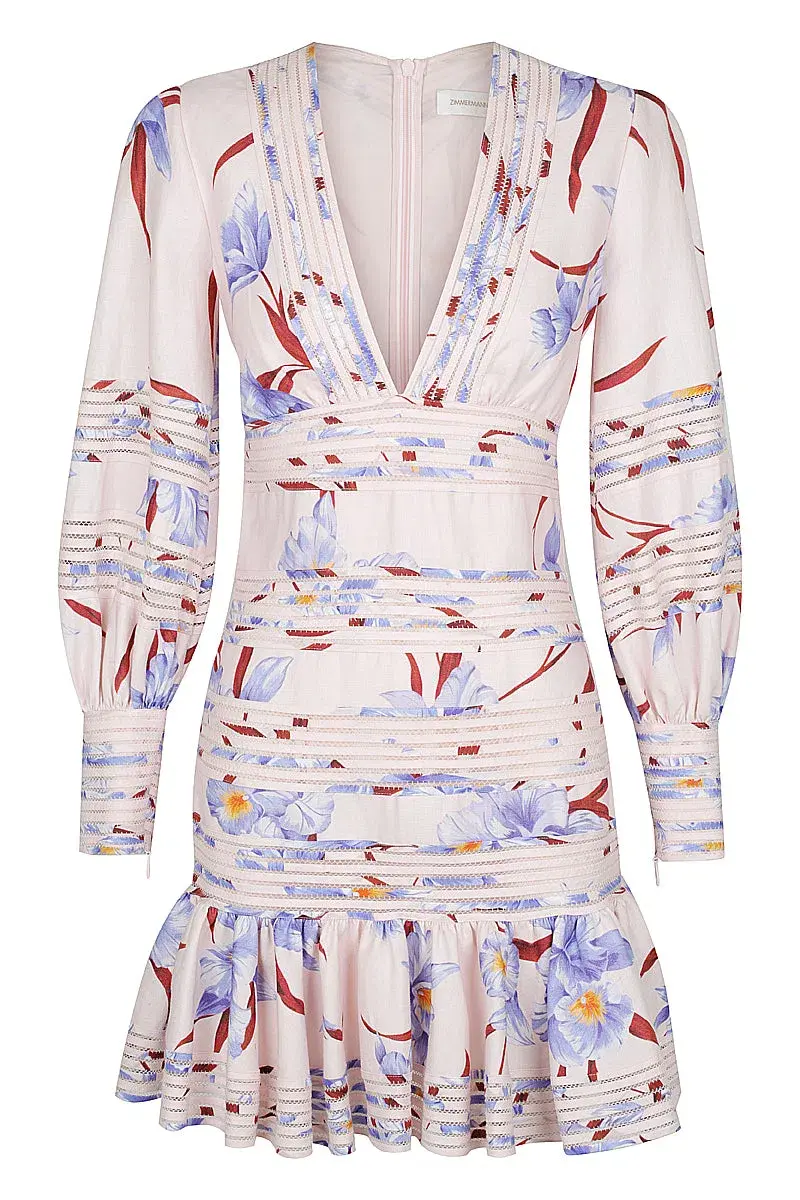 Zimmermann Corsage Linear Mini Dress Lilac / Jacaranda Orchid Print Size 8 for rent on The Volte - main image