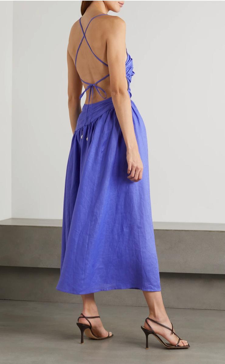 Zimmermann Tropicana Open-back Asymmetric Linen Midi Dress Blue Size 12 for rent on The Volte - main image