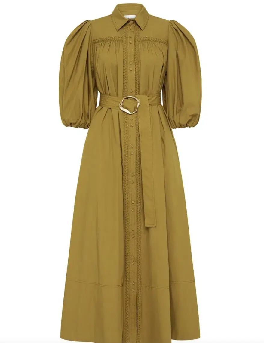 Aje Casabianca Puff Sleeve Shirt Dress in Olive Green - Size 6 for rent on The Volte - main image