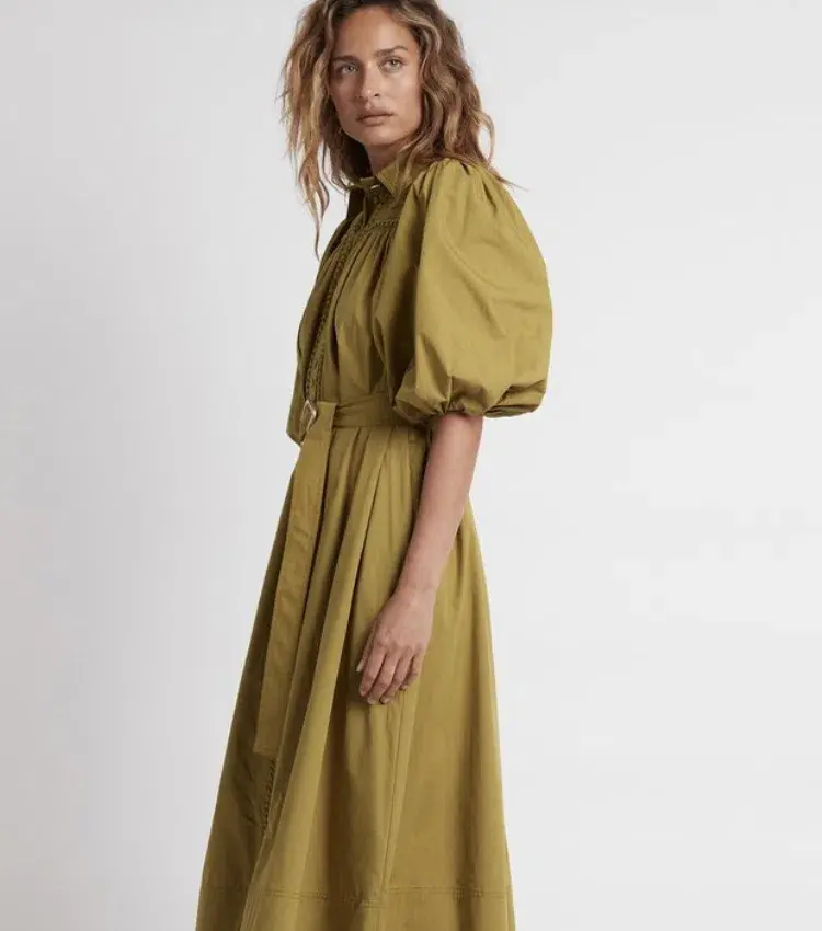 Aje Casabianca Puff Sleeve Shirt Dress in Olive Green - Size 6 for rent on The Volte - main image