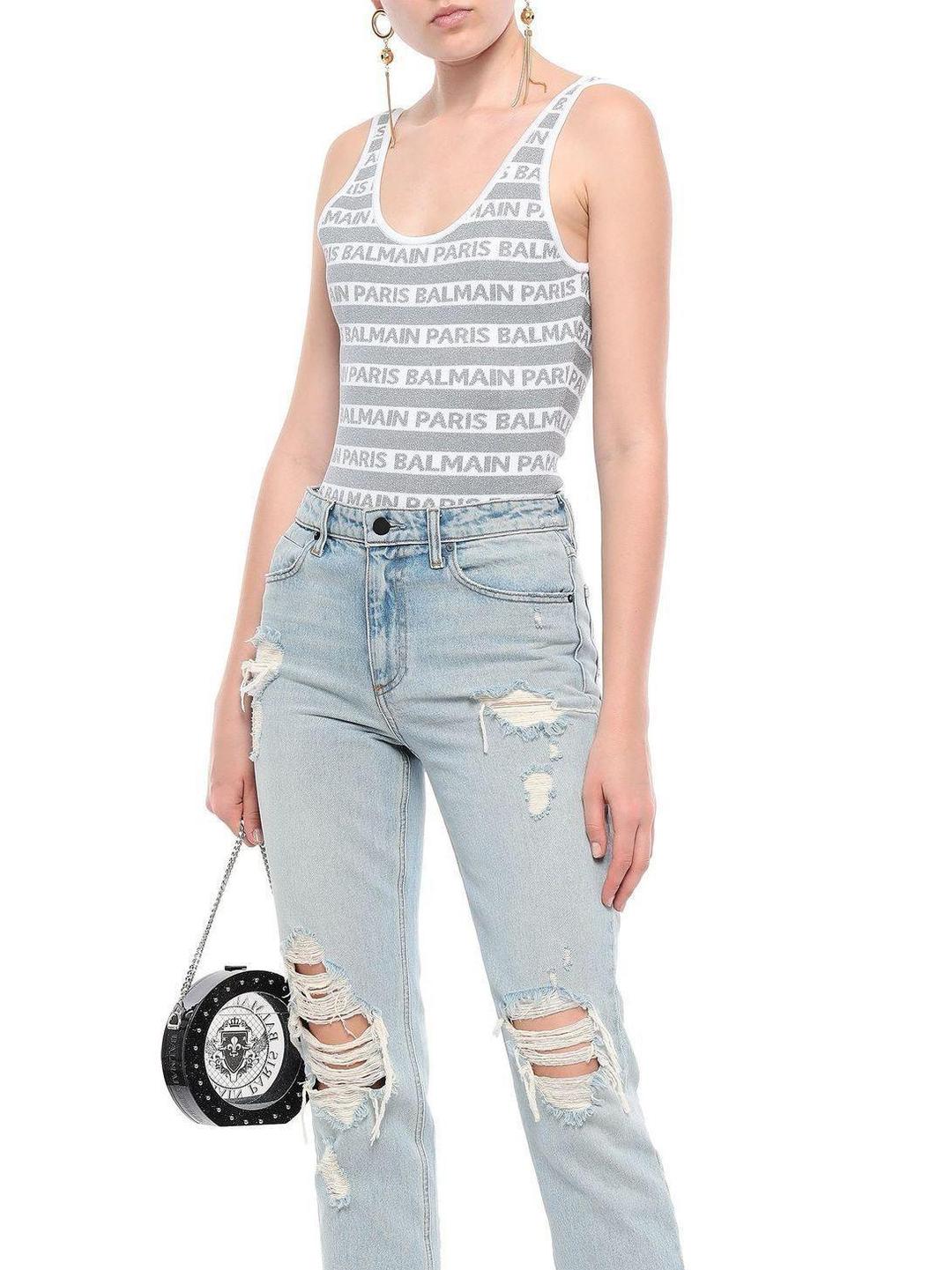 Balmain Metallic Silver Jacquard Logo Bodysuit Size 36 /XS for rent on The Volte - main image