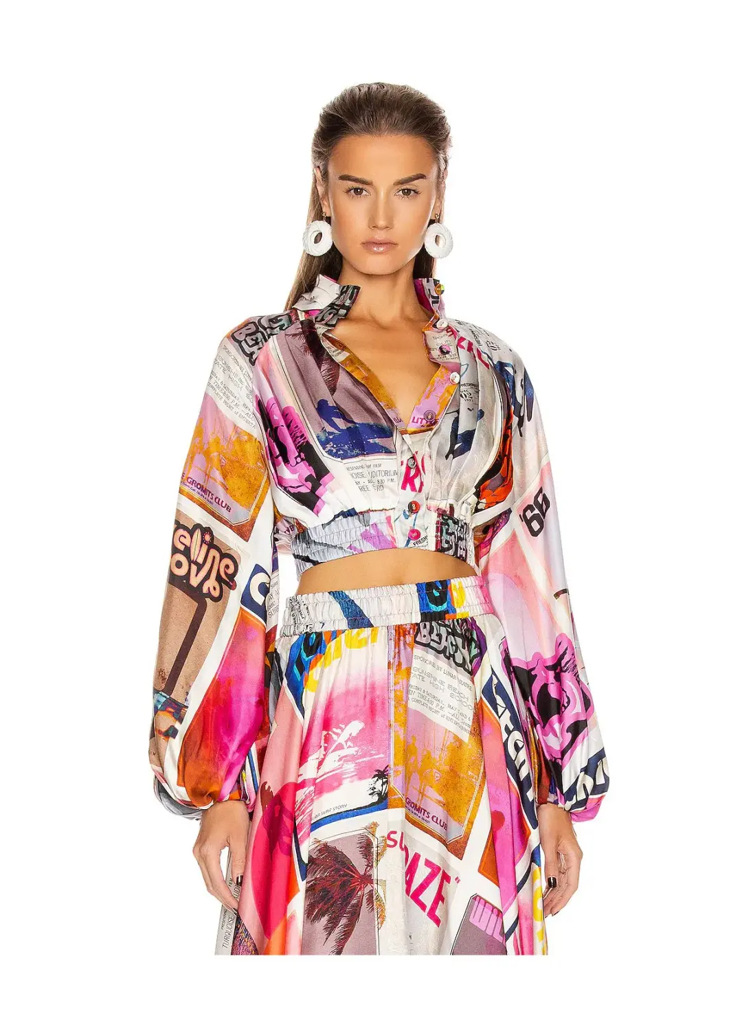 Zimmermann Wavelength High Collar Blouse in Pink Poster Print Size 1 /AU 10 for rent on The Volte - main image