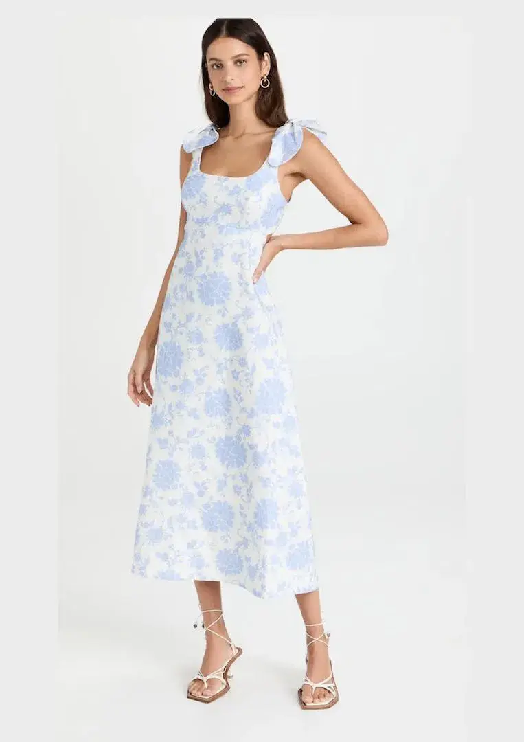 Zimmermann Postcard Tie Shoulder Midi Dress in Blue Tonal Floral Size 1 / Au 10 for rent on The Volte - main image