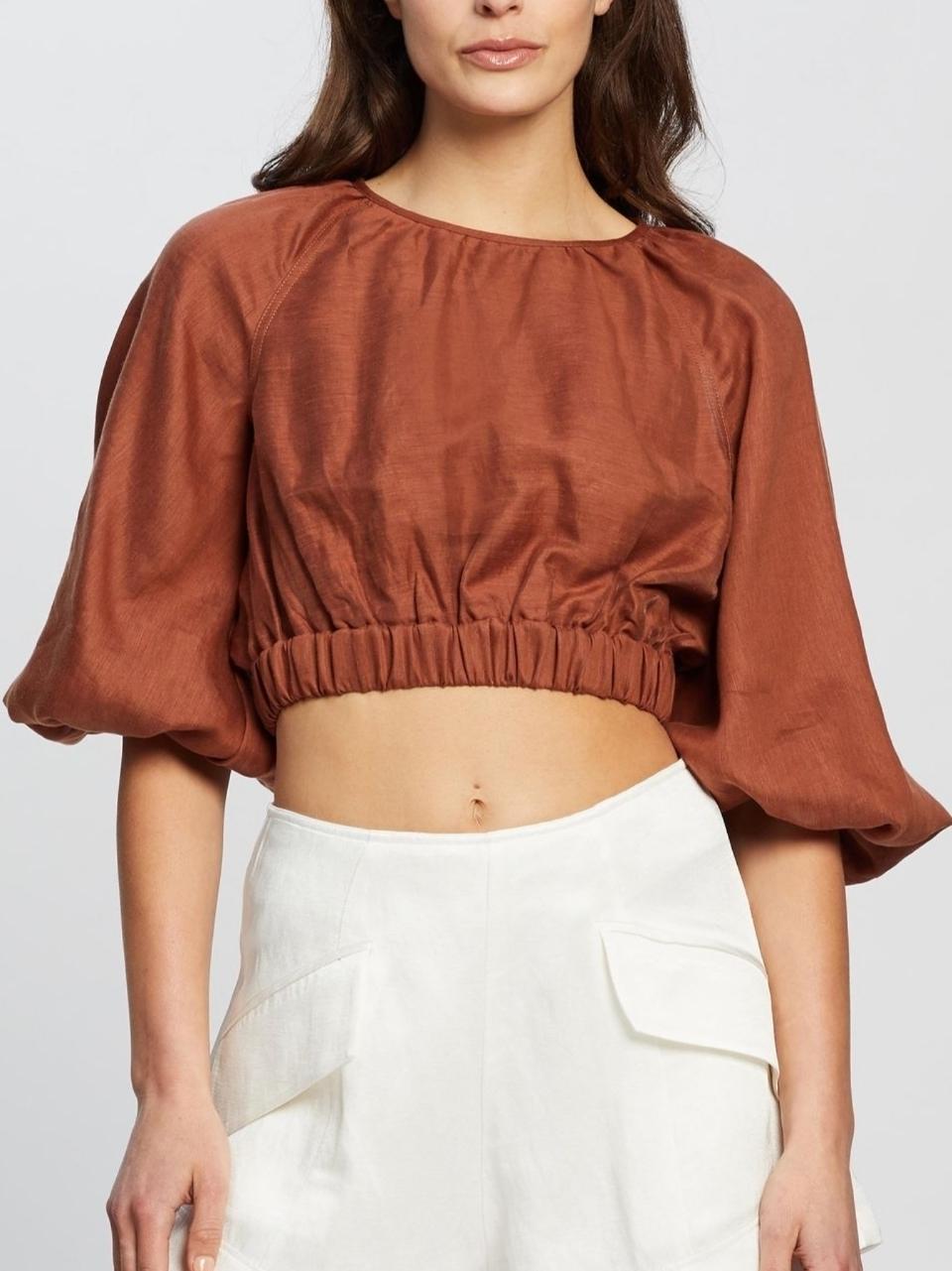 Shona Joy Elsa Balloon Sleeve Crop Top Brown Size 12 for rent on The Volte - main image