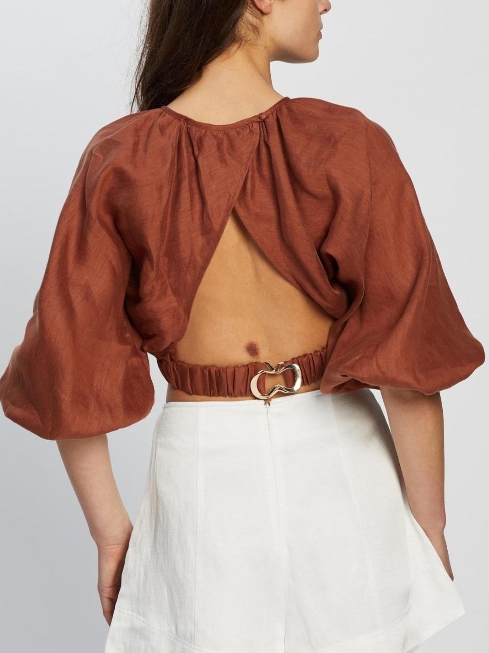 Shona Joy Elsa Balloon Sleeve Crop Top Brown Size 12 for rent on The Volte - main image