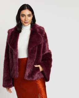 Unreal Fur Madam Butterfly Jacket Wine Size 10 for rent on The Volte - image 1