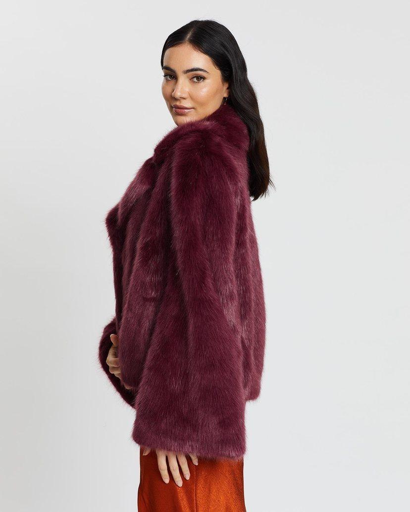 Unreal Fur Madam Butterfly Jacket Wine Size 10 for rent on The Volte - main image