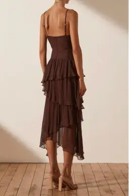 Shona Joy Olympia Pin Tuck Frill Midi Dress Brown Size 8