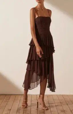 Shona Joy Olympia Pin Tuck Frill Midi Dress Brown Size 8