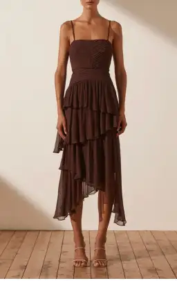 Shona Joy Olympia Pin Tuck Frill Midi Dress Brown Size 8
