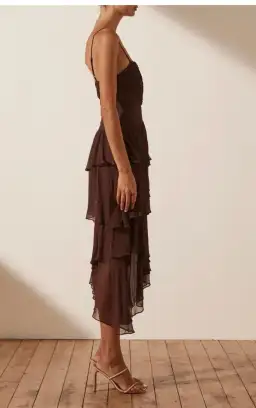 Shona Joy Olympia Pin Tuck Frill Midi Dress Brown Size 8