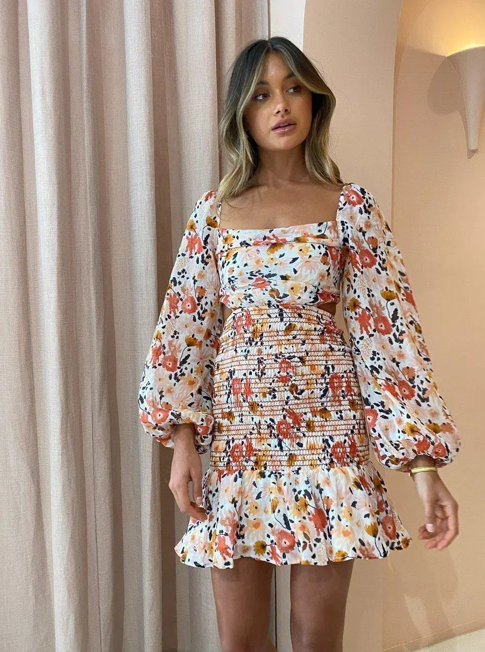 New Romantics Sylvia Long Sleeve Shirred Mini Dress Botany for rent on The Volte - main image