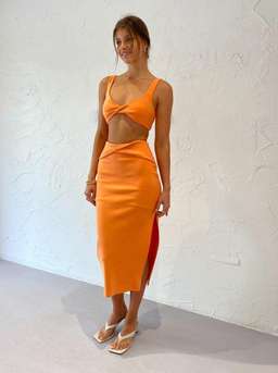 Bec & Bridge Clover Top & Midi Skirt Set Nectarine Orange Size 8 for rent on The Volte - image 3