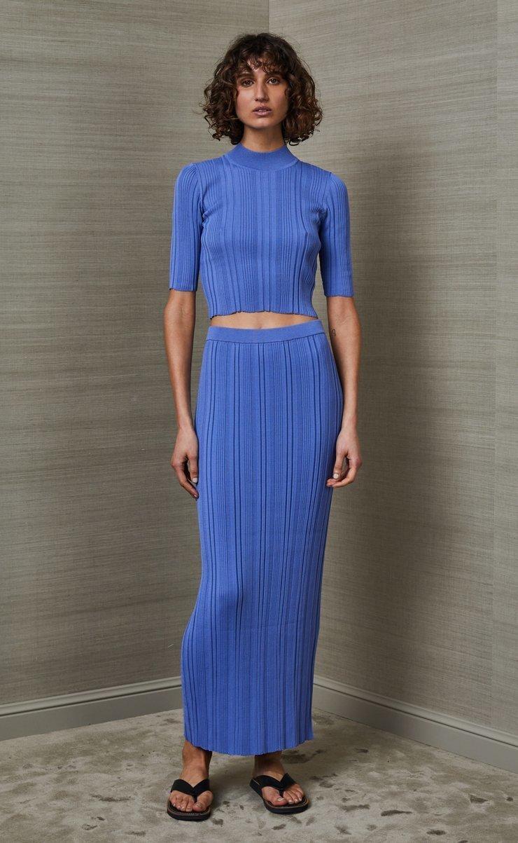 Bec & Bridge Esme Knit Crop Top & Midi Skirt Set Blue Size 8 for rent on The Volte - main image