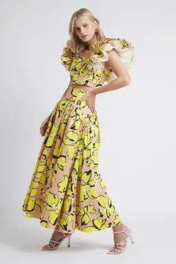 Aje Pelicano Citrus Bloom Midi Skirt and Frill Cropped Top Set Print Size 8