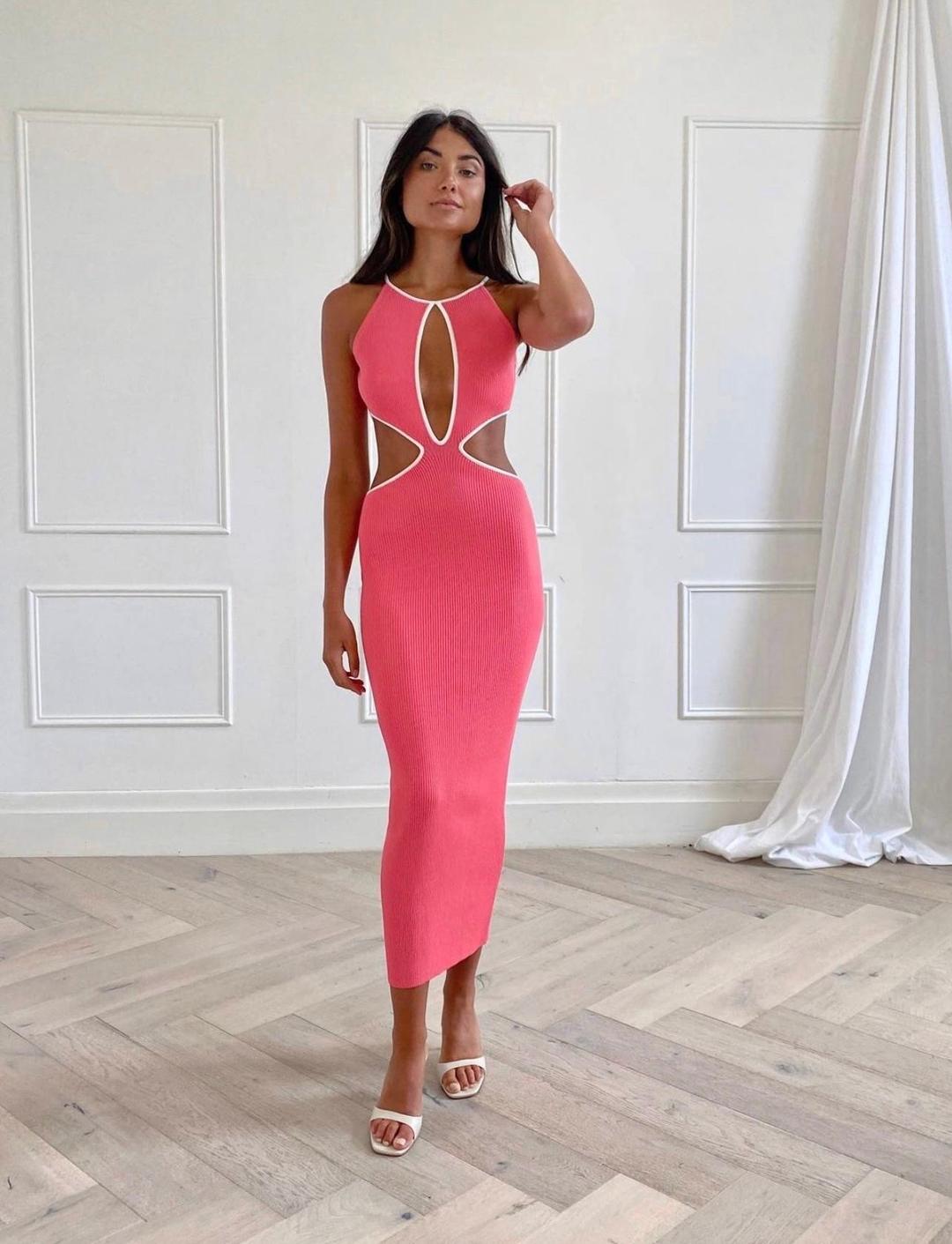 San Sloane Adrian Rib Midi Dress Coral-White Size 6 for rent on The Volte - main image