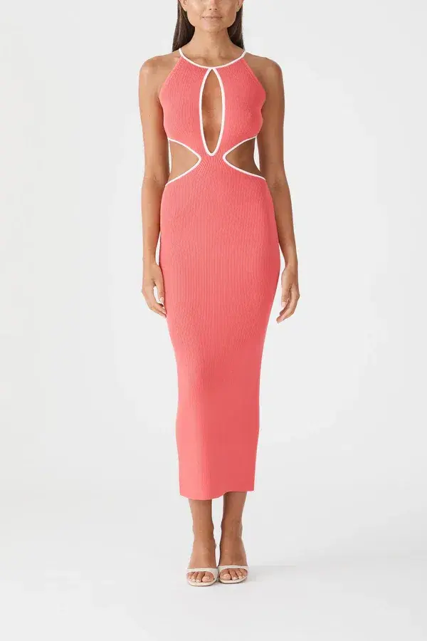 San Sloane Adrian Rib Midi Dress Coral-White Size 6 for rent on The Volte - main image