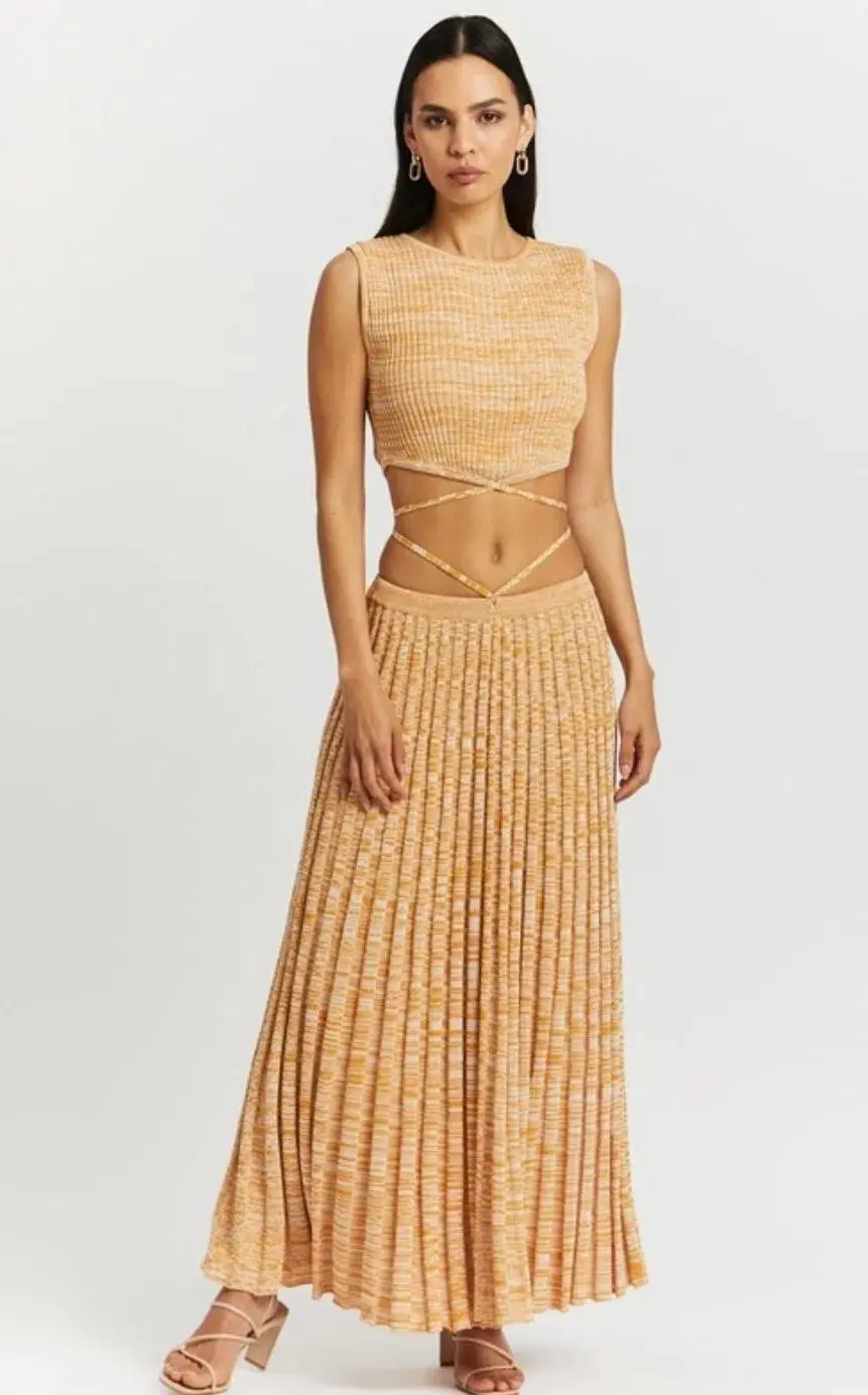 Christopher Esber Sleeveless Knit Tie Crop Top and Pleated Knit Tie Skirt Set Dune Marle Size 6 for rent on The Volte - main image