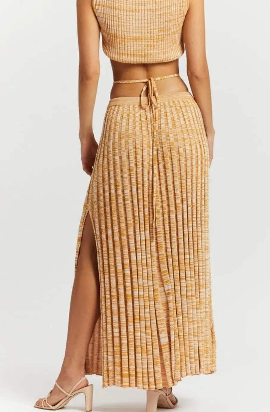 Christopher Esber Sleeveless Knit Tie Crop Top and Pleated Knit Tie Skirt Set Dune Marle Size 6 for rent on The Volte - main image