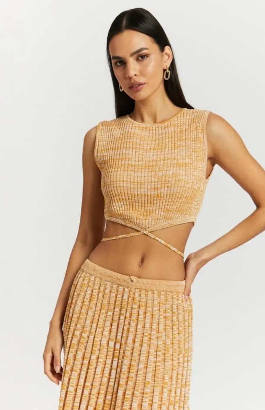 Christopher Esber Sleeveless Knit Tie Crop Top and Pleated Knit Tie Skirt Set Dune Marle Size 6 for rent on The Volte - main image