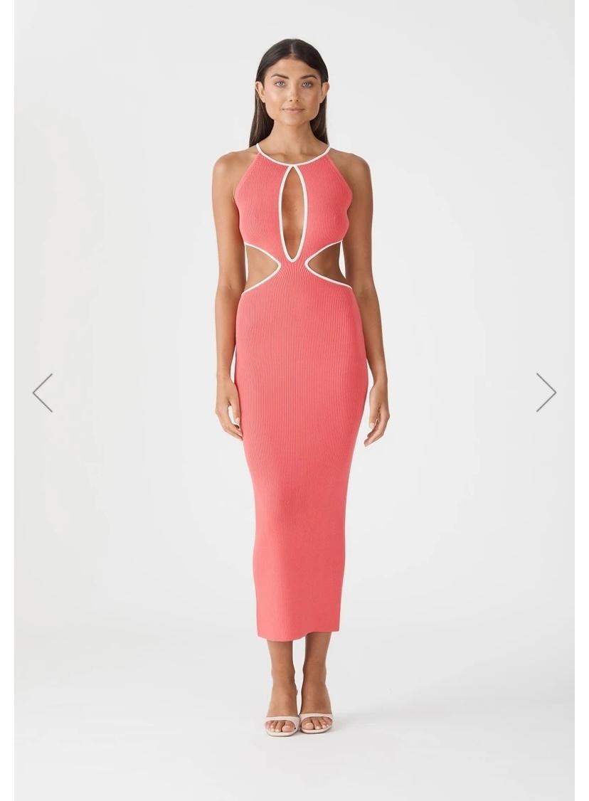 San Sloans ADRIAN RIB MIDI DRESS CORAL-WHITE Size 6 (6-8 fit) for rent on The Volte - main image