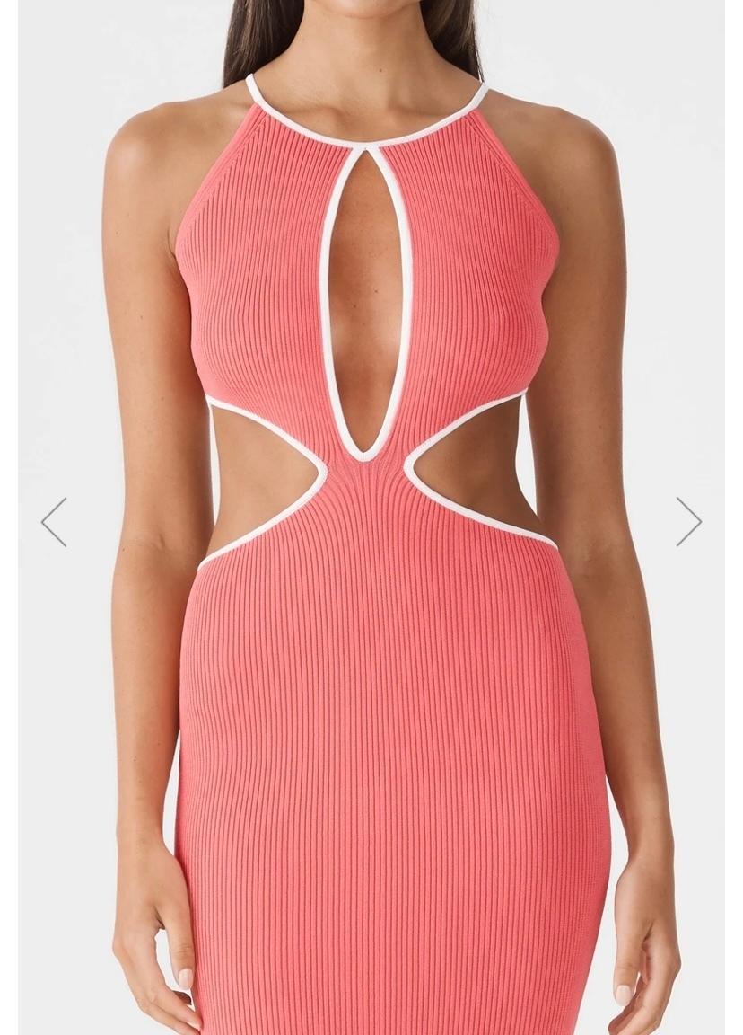 San Sloans ADRIAN RIB MIDI DRESS CORAL-WHITE Size 6 (6-8 fit) for rent on The Volte - main image