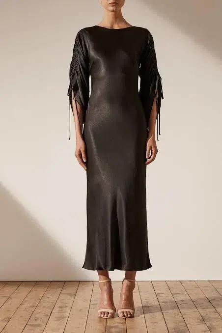 Shona Joy Wright Ruched Sleeve Midi Black Dress Size 8 for rent on The Volte - main image