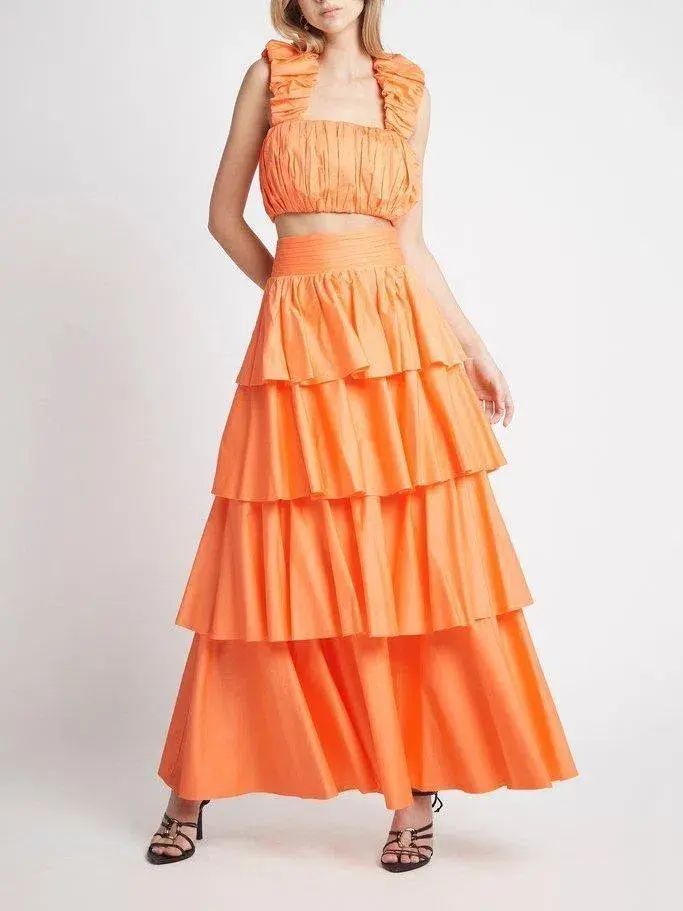 Aje Medina Ruched Cropped Top and Tiered Midi Skirt Set Orange Size 6 for rent on The Volte - main image