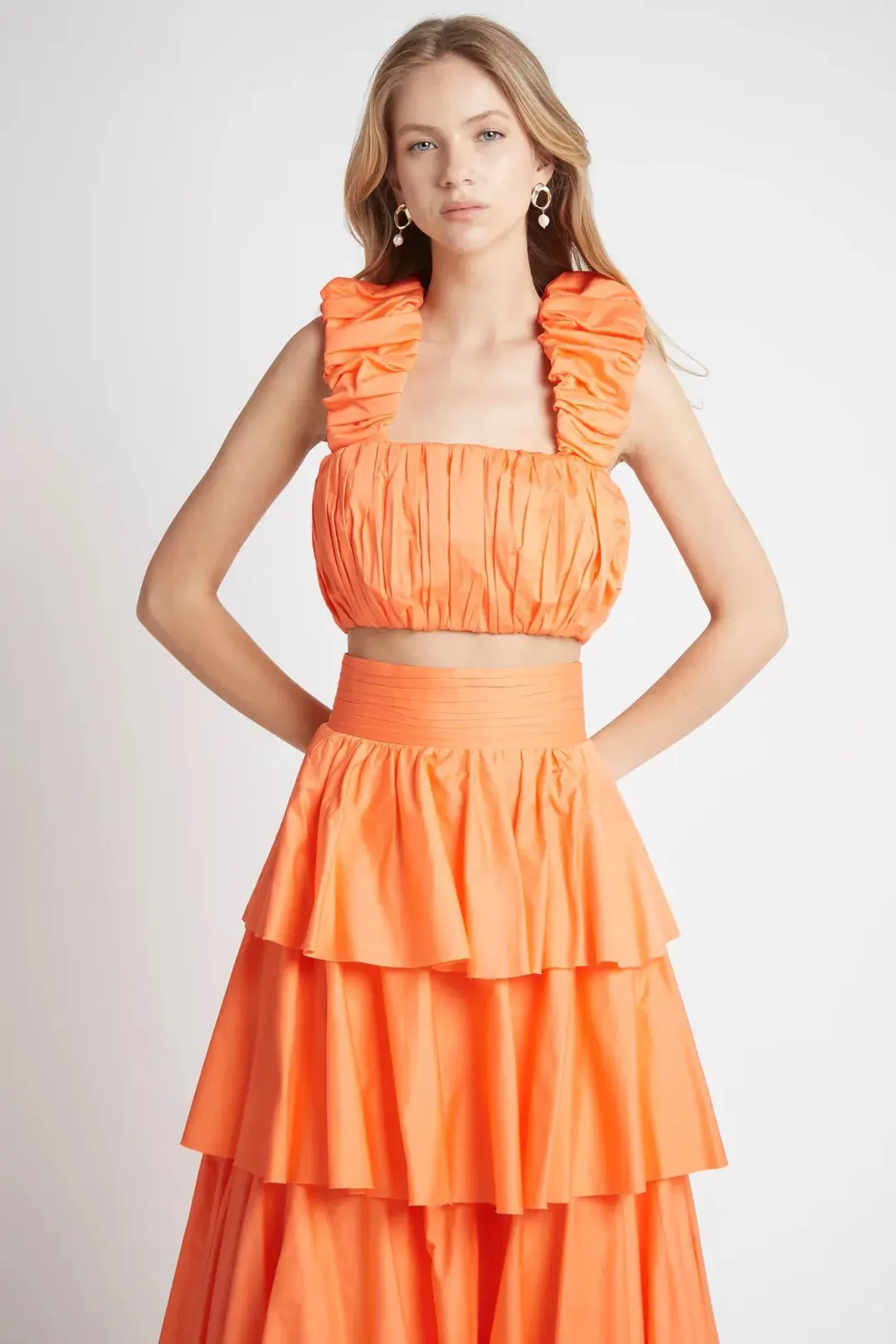 Aje Medina Ruched Cropped Top and Tiered Midi Skirt Set Orange Size 6 for rent on The Volte - main image