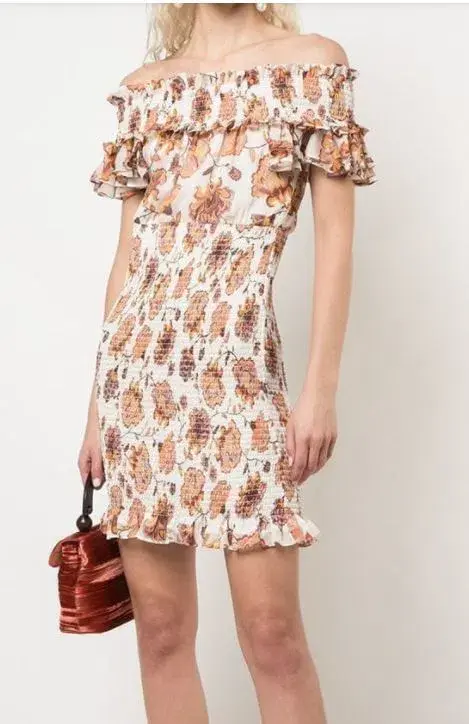 SHONA JOY Floral-print Smocked Off-the-shoulder Mini Dress for rent on The Volte - main image