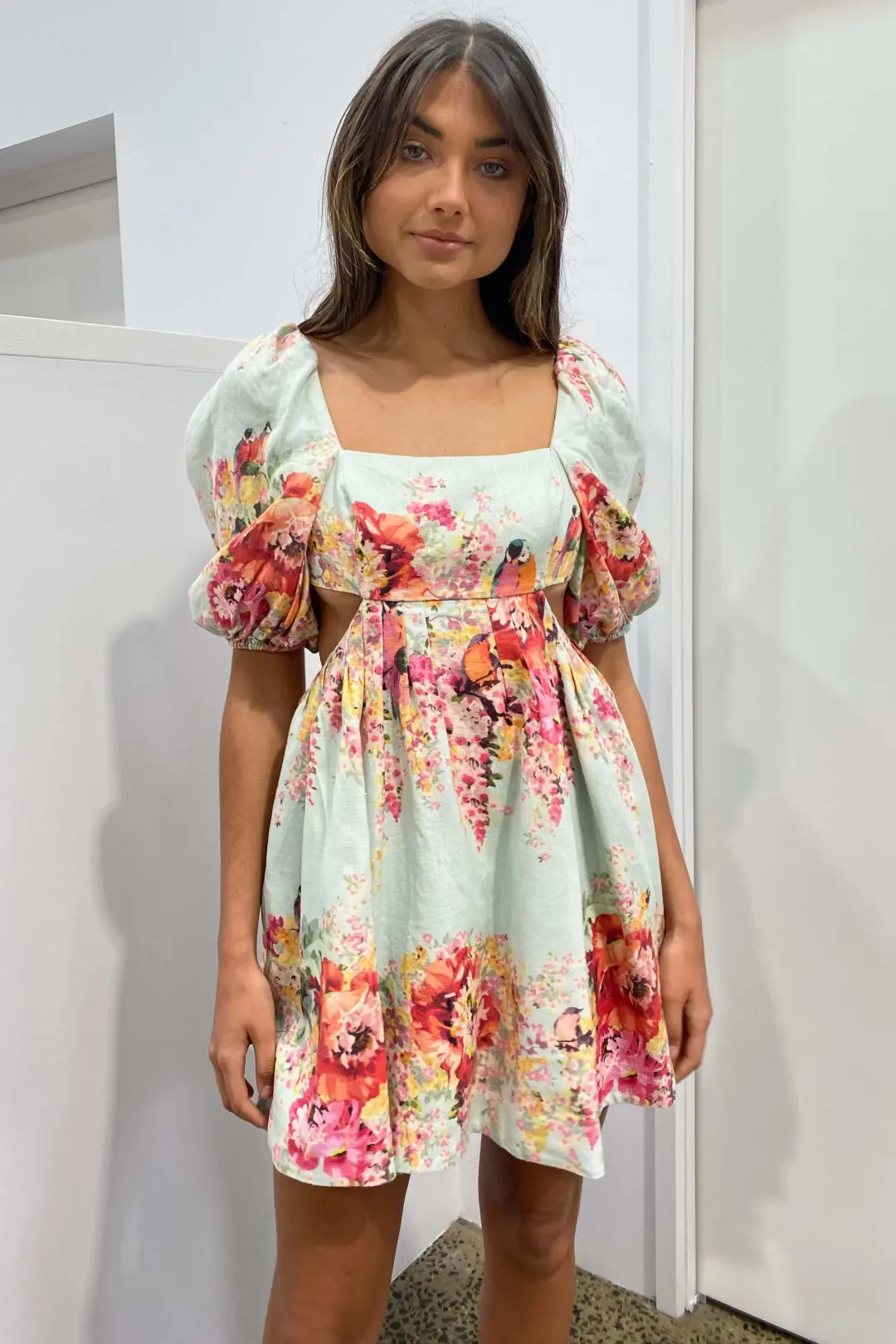 Zimmermann Mae Cut Out Mini Dress Print Size 6 for rent on The Volte - main image