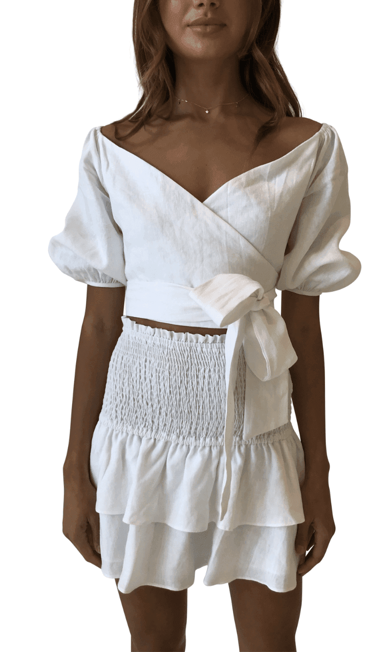 By Nicola Better Together Wrap Top and Mini Skirt Set White Size 6 for rent on The Volte - main image