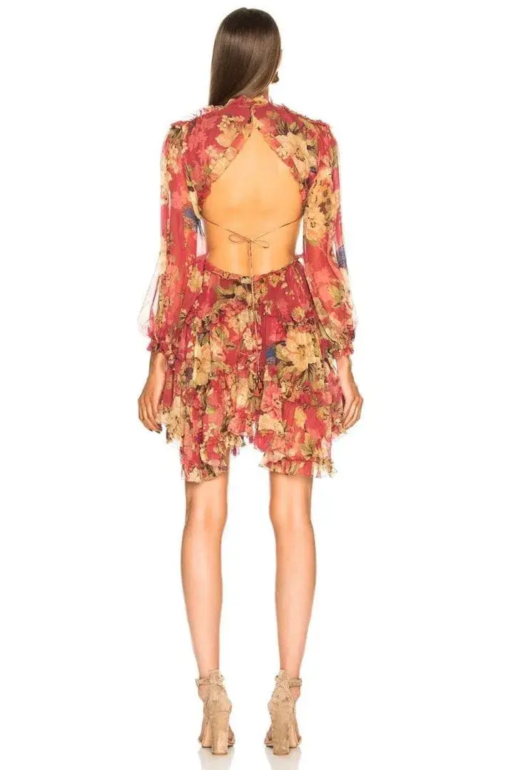 Zimmermann Melody Lace Up Short Dress Burgundy/Floral Size 6 for rent on The Volte - main image