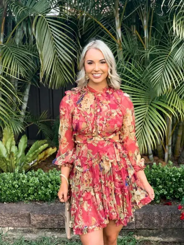 Zimmermann Melody Lace Up Short Dress Burgundy/Floral Size 6 for rent on The Volte - main image