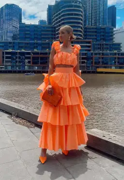 Aje Medina Ruched Crop Top and Tiered Midi Skirt Set Orange Size 6 for rent on The Volte - image 5