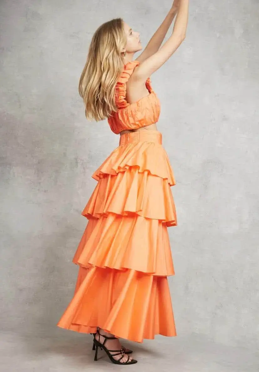 Aje Medina Ruched Crop Top and Tiered Midi Skirt Set Orange Size 6 for rent on The Volte - main image