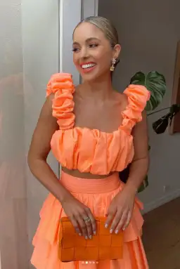 Aje Medina Ruched Crop Top and Tiered Midi Skirt Set Orange Size 10 for rent on The Volte - image 1
