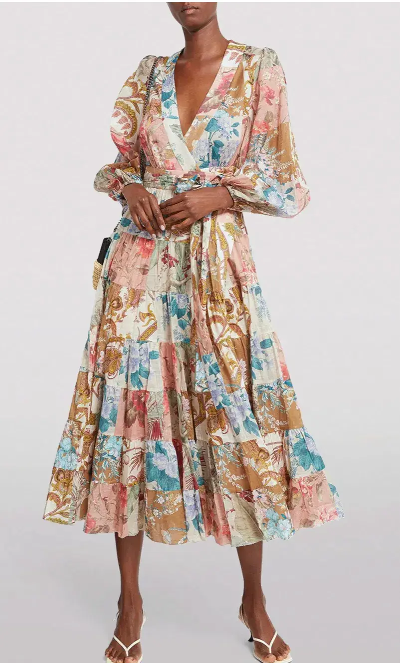 Zimmermann Cassia Patch Wrap Midi Dress Print Size 16 for rent on The Volte - main image