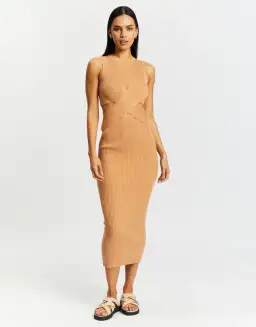 Aere Twist Waist Knit Dress Caramel Brown