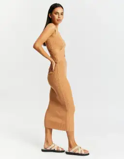 Aere Twist Waist Knit Dress Caramel Brown