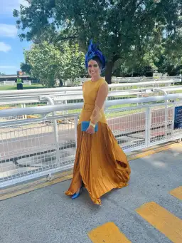 Solace London Belted Crepe-panelled Plissé Satin Maxi Dress Yellow Size 12 for rent on The Volte - image 2